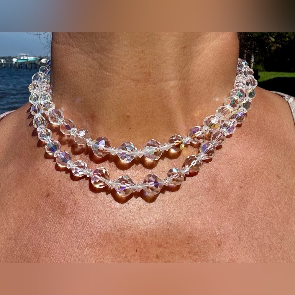 Vintage Coro 2 Strand Aurora Borealis Faceted Graduated Crystal Choker Necklace